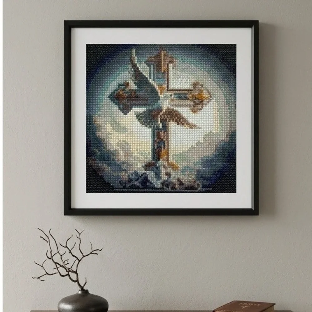 Framed Diamond Painting Cross Angel Wings Religious Wall Art Mosaic 13x13